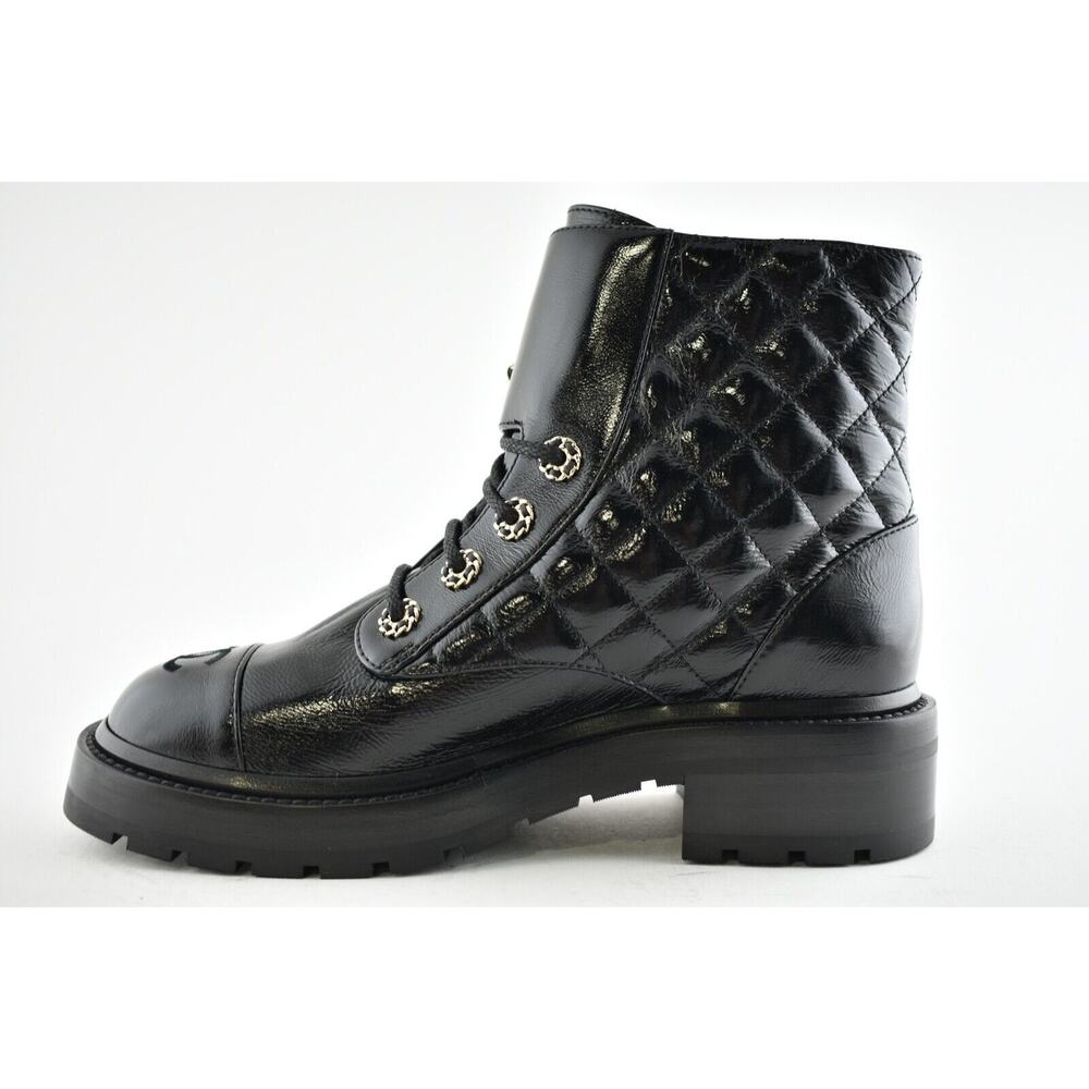 Chanel 21A Black Shiny Patent Quilted Gold CC Chain Combat Ankle Short Boot 40.5 - Picture 8 of 11